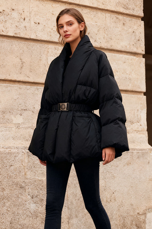 Langry fashion elegant black puffer jacket with wide lapels and belt