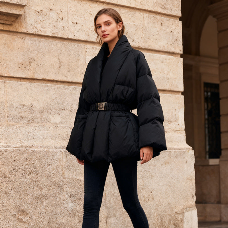 Langry fashion elegant black puffer jacket with wide lapels and belt