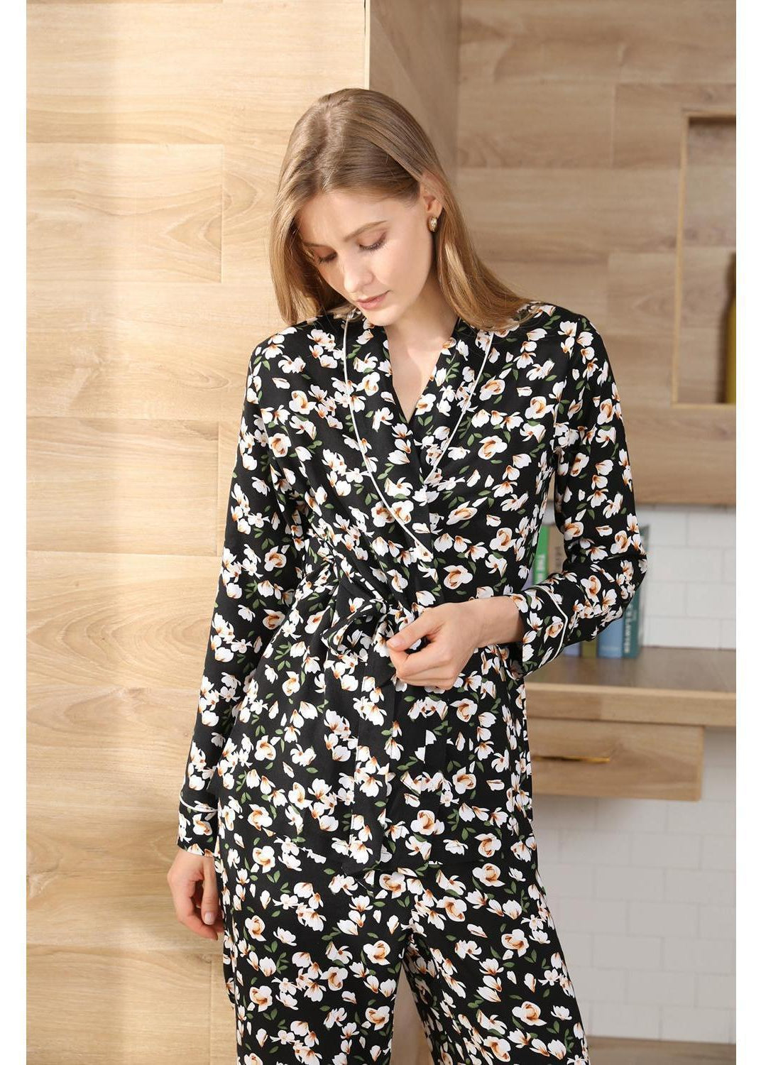Langry black floral print pajama set with long sleeves and belted waist