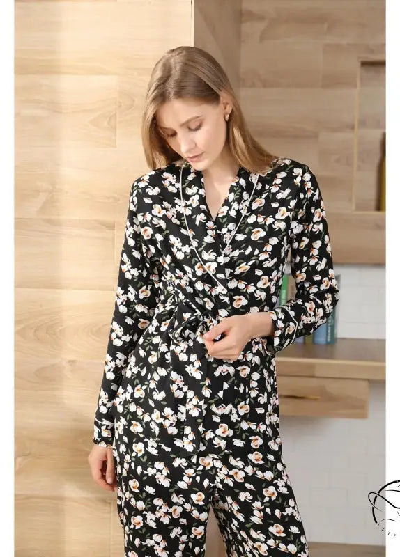 Black floral print langry fashion pajama set with long sleeves and belted waist