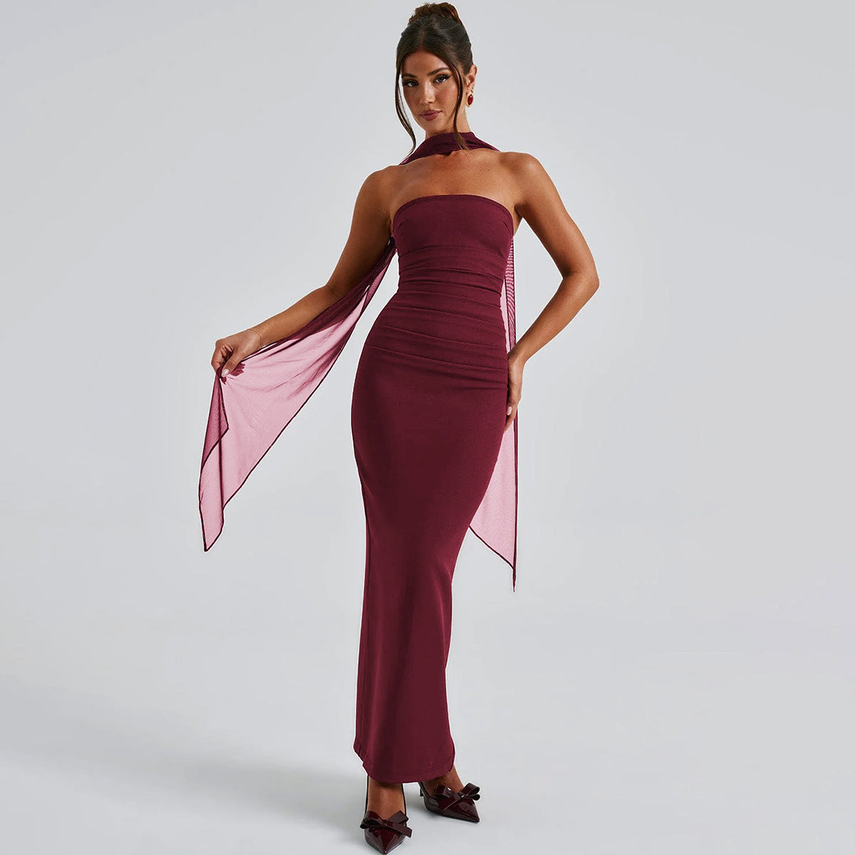 Burgundy strapless gown with sheer scarf from Gorgeous Winter Evening Dress collection
