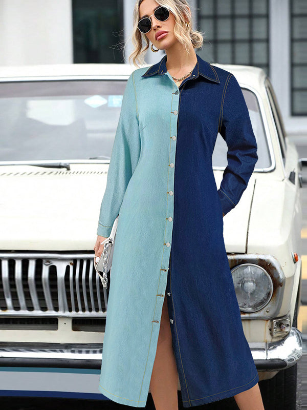 Woman wearing Beautiful Denim Stitching Dress in two-tone blue denim with long sleeves
