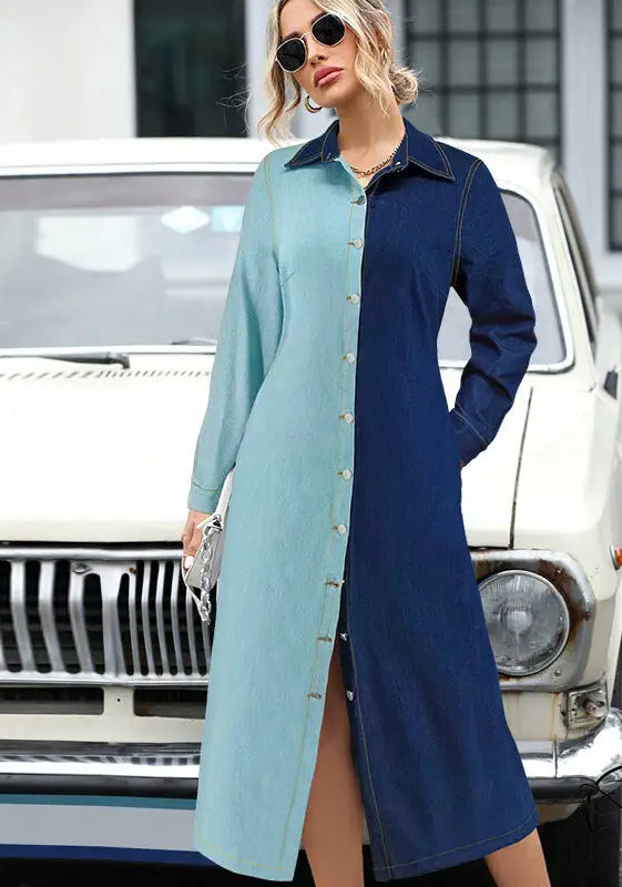 Woman in beautiful denim stitching dress with long sleeves and buttons