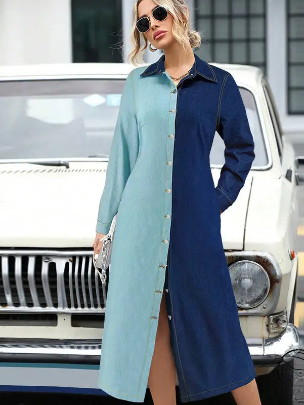Woman in beautiful denim stitching dress with long sleeves and buttons