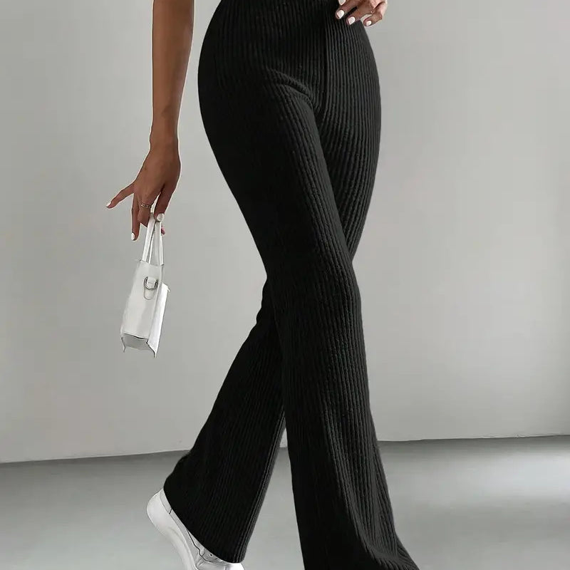 Black ribbed flared casual knitted match pants for stylish langry wear