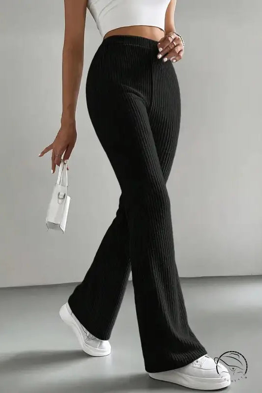 Black ribbed flared casual knitted match pants by Langry