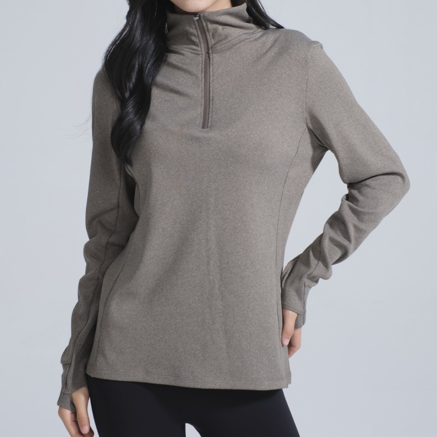 Women’s heathered olive-brown thermal velvet yoga jacket with quarter-zip and thumbholes