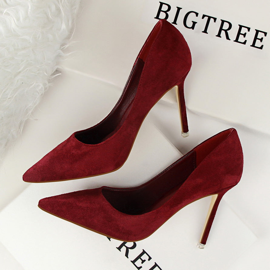 Langry fashion burgundy suede stiletto pump with gold heel