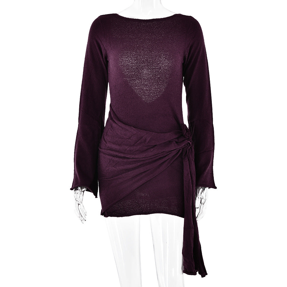 Aubergine knit dress with tie detail from Knitted Long-Sleeved Dress collection, stylish ملابس
