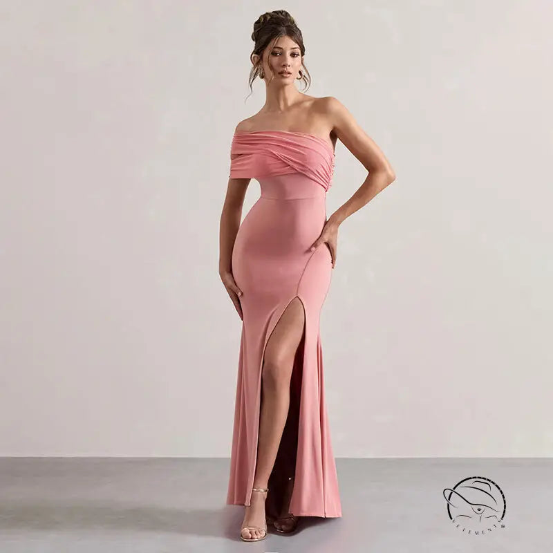 Enchanting mesh stitching split dress in off-shoulder pink with thigh-high slit