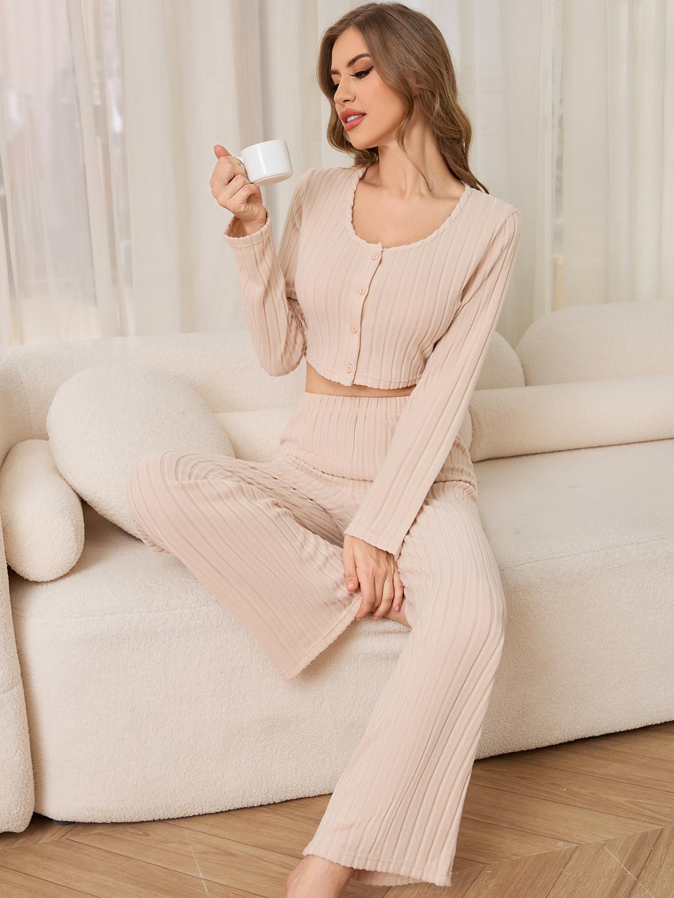 Woman in ribbed knit pajama set from Winter Casual Two Piece Pajamas for stylish ملابس