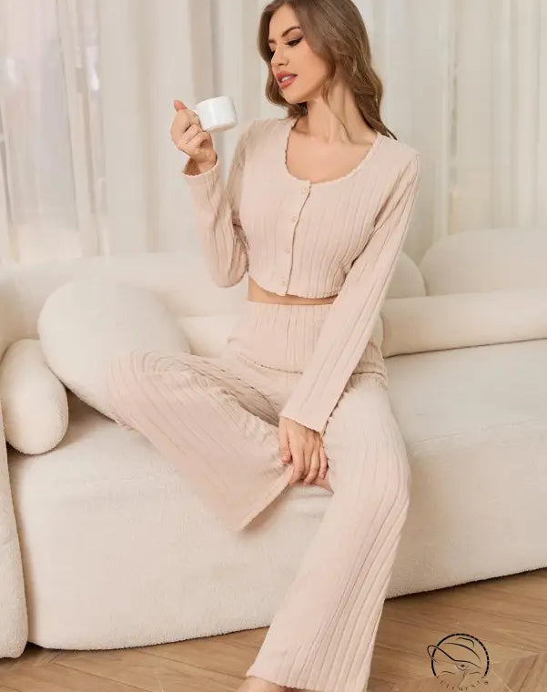 Woman in ribbed knit winter casual two piece pajamas