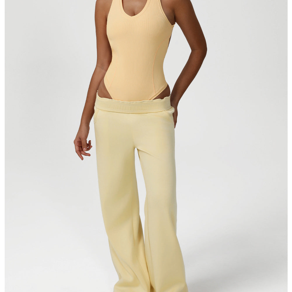 Langry yellow ribbed knit bodysuit with waist cutout, fashion ملابس