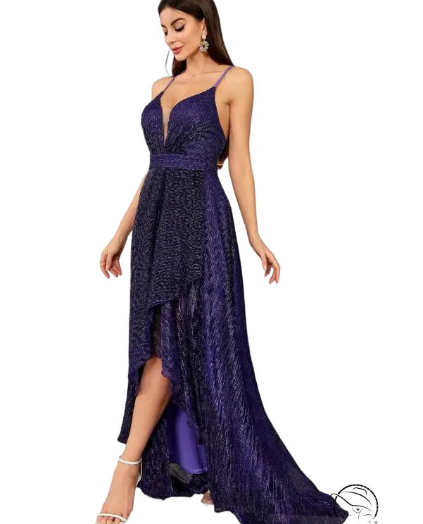 Elegant slim fit langry fashion evening gown in deep purple with plunging neckline