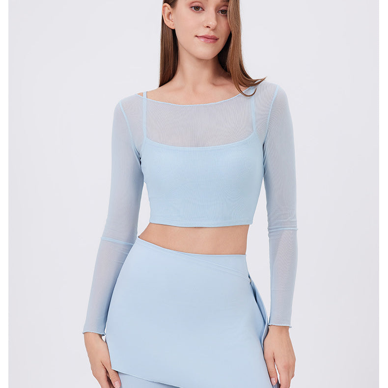 Faux Two Piece Mesh Sports t Shirt Women Long Sleeve with Chest Pad Yoga Clothes Cropped Top Quick Drying Slimming