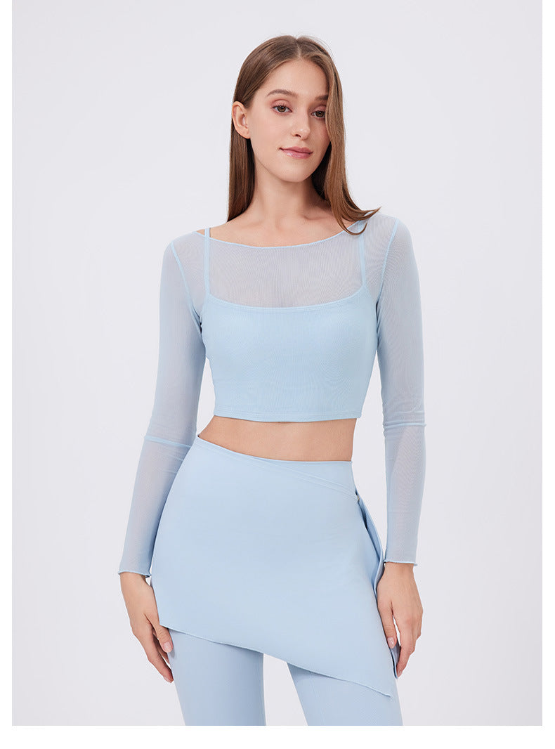 Faux Two Piece Mesh Sports t Shirt Women Long Sleeve with Chest Pad Yoga Clothes Cropped Top Quick Drying Slimming