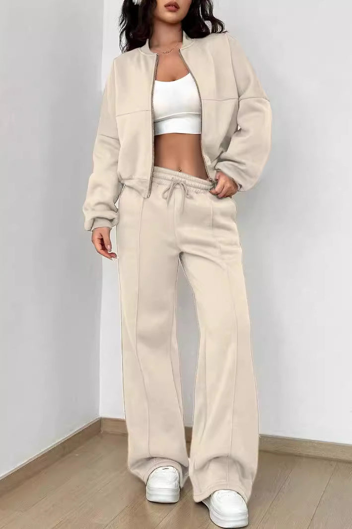 Beige tracksuit with white crop top from Trendy Cardigan Two Piece Set in modern fashion ملابس