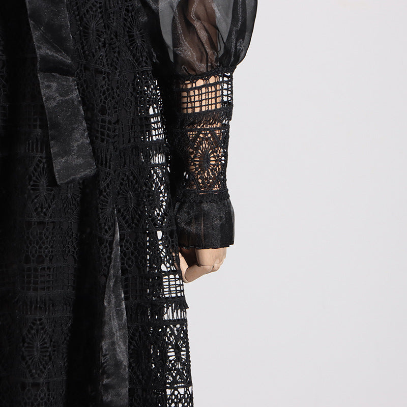 Elegant black lace dress with sheer sleeves in lantern sleeve style for women’s fashion