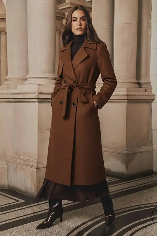 Elegant langry fashion woolen trench coat in rich brown