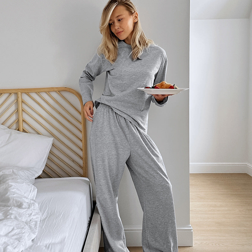 Comfortable knitted home wear featuring gray long-sleeved pajamas with wide-leg pants