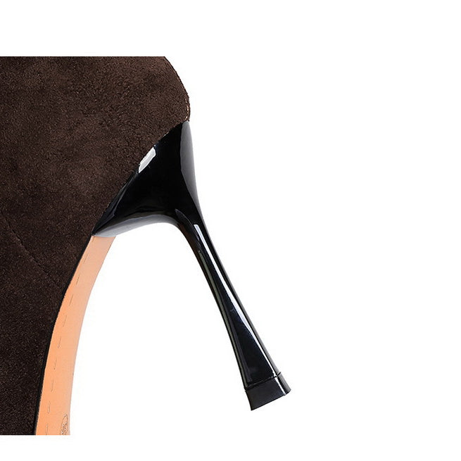 Elegant brown suede langry fashion boot with glossy black stiletto heel