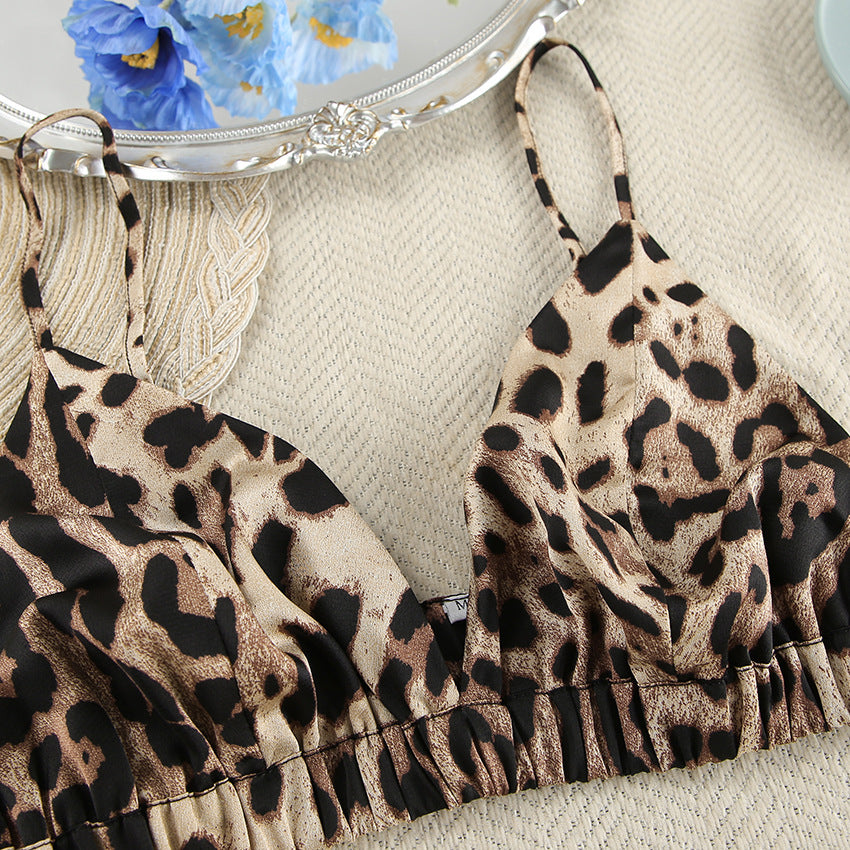 Leopard print bralette from Summer Leopard Print Strappy Cardigan Nightgown Pajamas Three Piece Set, stylish and skin-friendly fashion for ladies