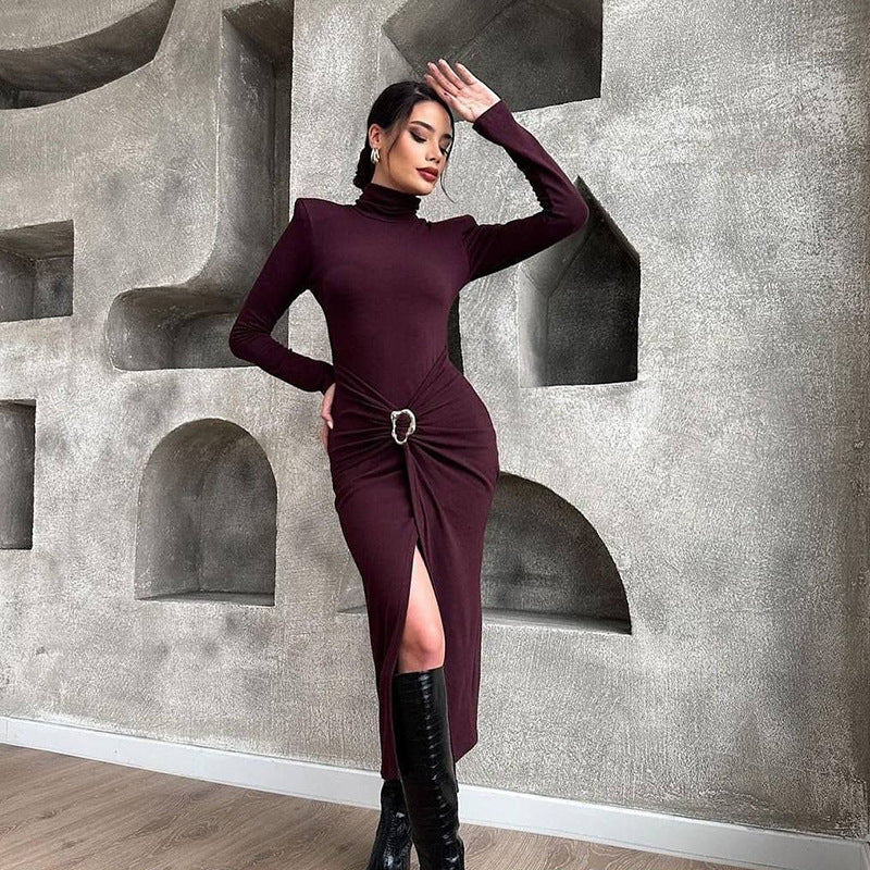 Burgundy turtleneck Enchantress Dress featuring a side slit and decorative buckle detail