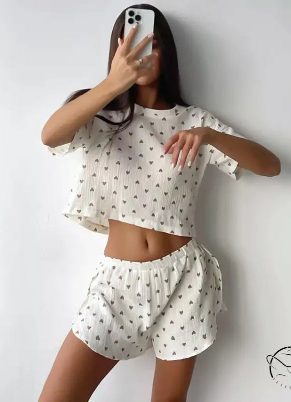 White summer cotton linen two-piece loungewear with heart prints and slit shorts