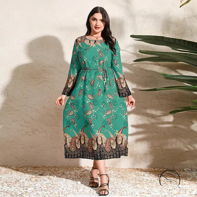 Ethnic Loose Maxi Dress Cashew Printed Long Sleeve