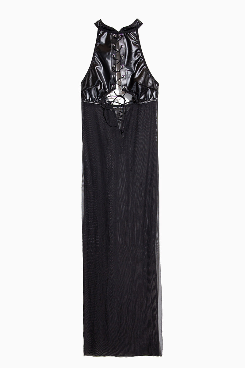 Black patent leather halter maxi dress with skull chest design by Langry fashion