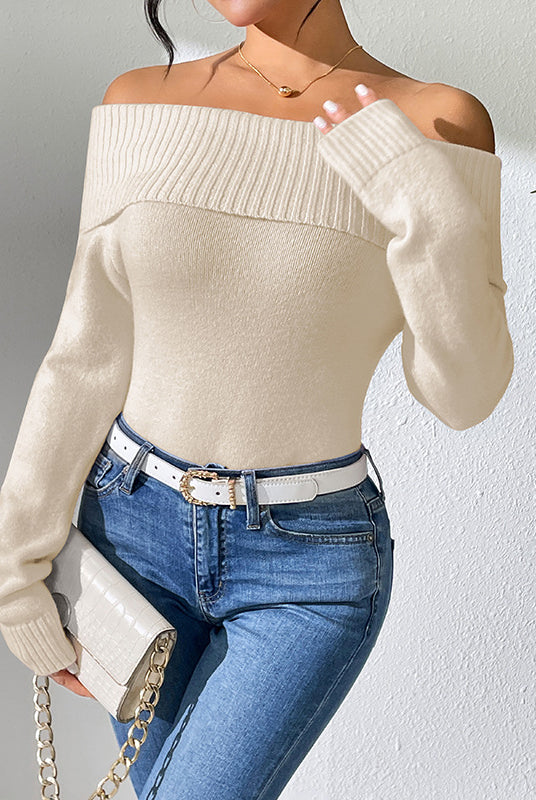 Off-the-shoulder knitted solid color bottoming sweater for stylish casual wear