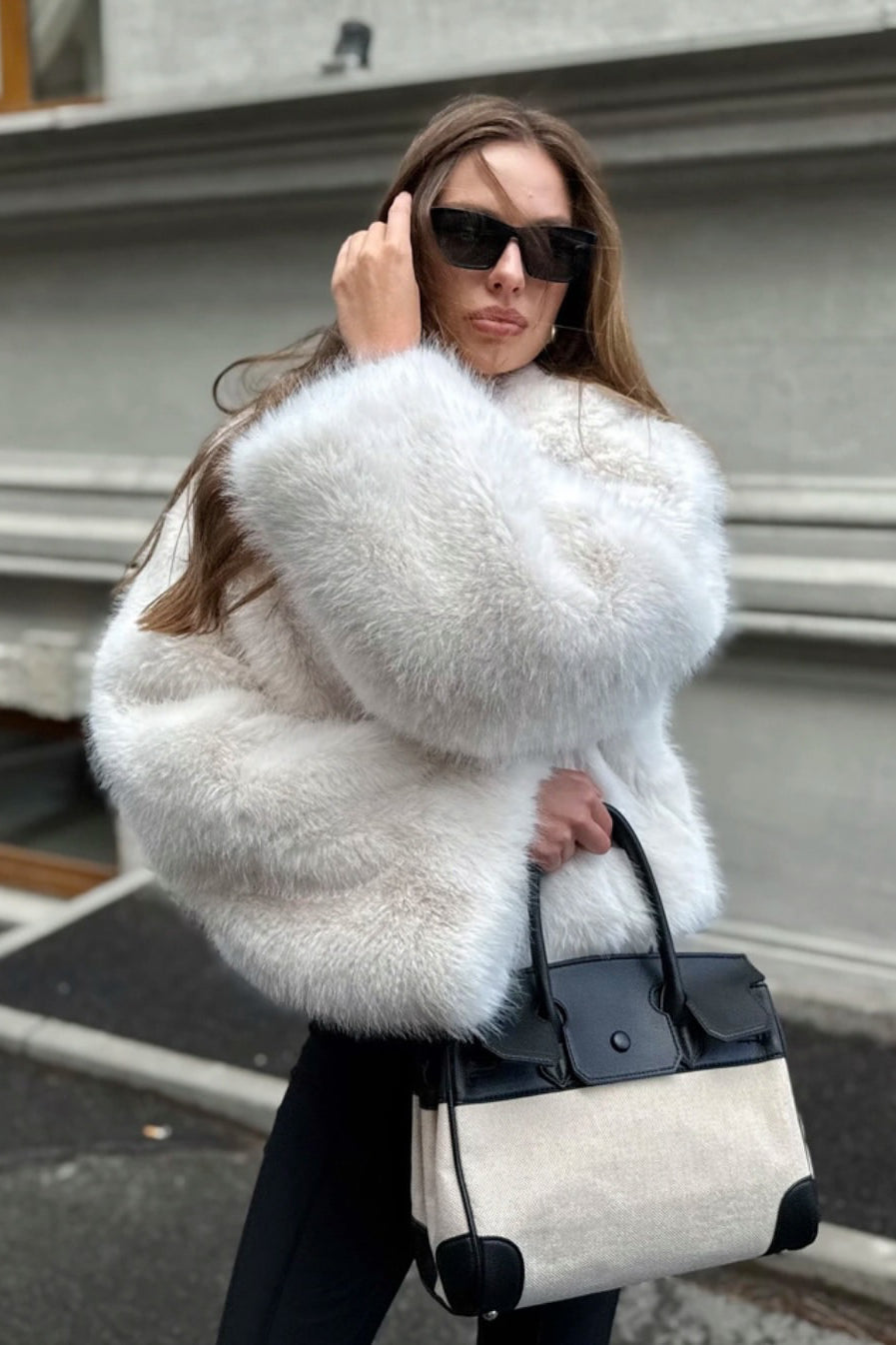 Cozy Short Faux Fur Coat with White Fur, Black Trim, Structured Shoulders