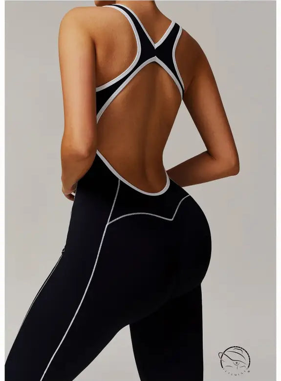 Black and white Langry hip-lifting pleated yoga jumpsuit