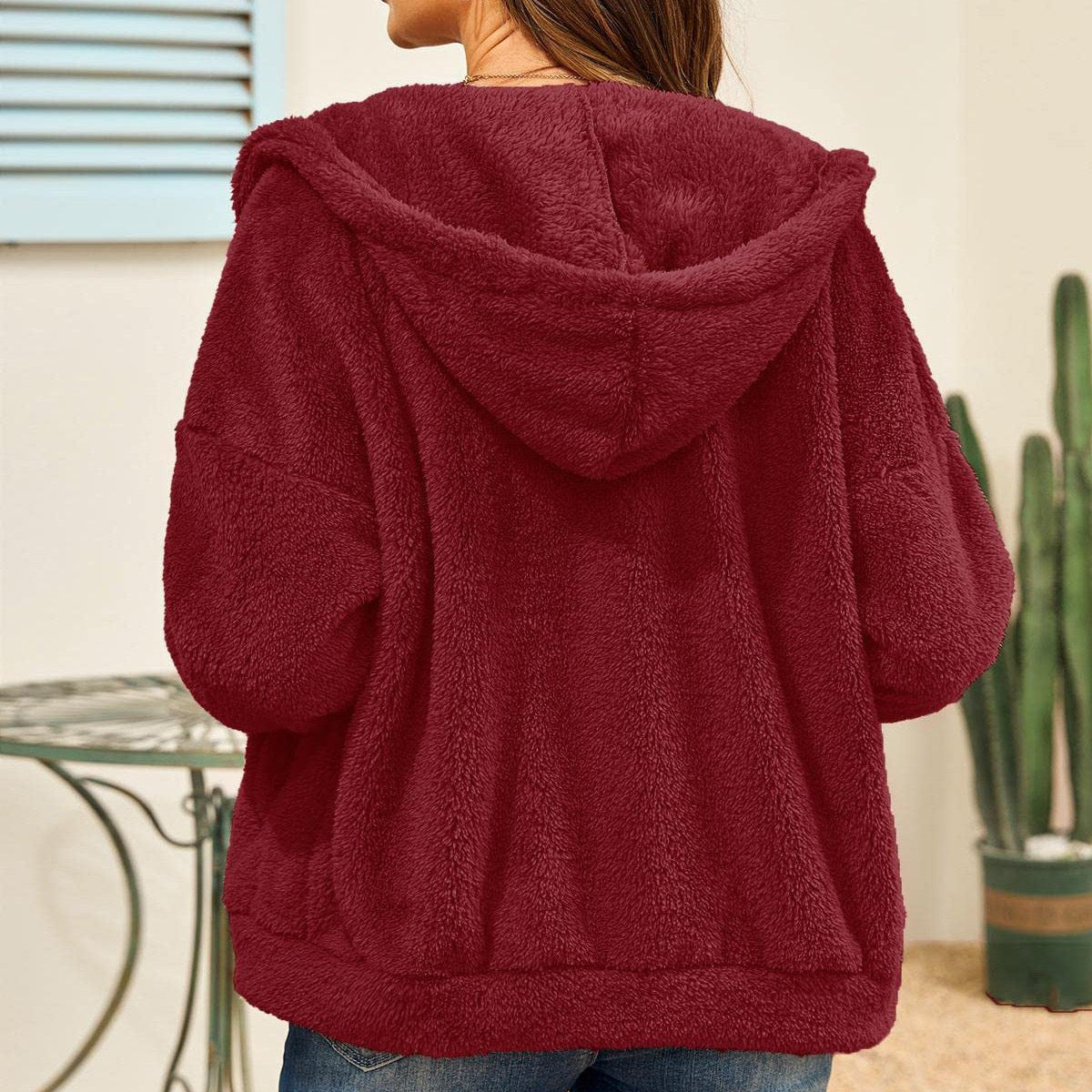 Burgundy hooded fleece jacket as part of the cute fleece sweater collection with long sleeve zipper