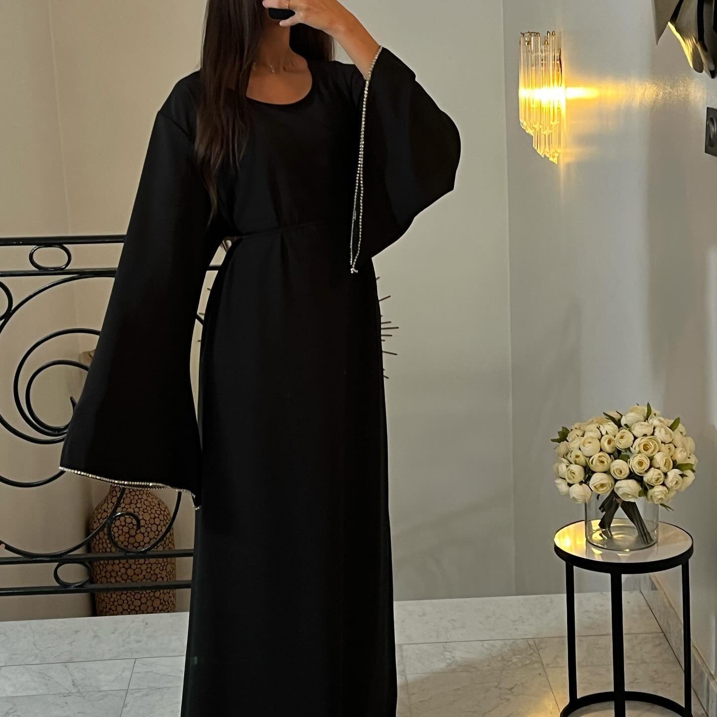 Elegant black abaya with bell sleeves from the Elegant Diamond Dress fashion collection