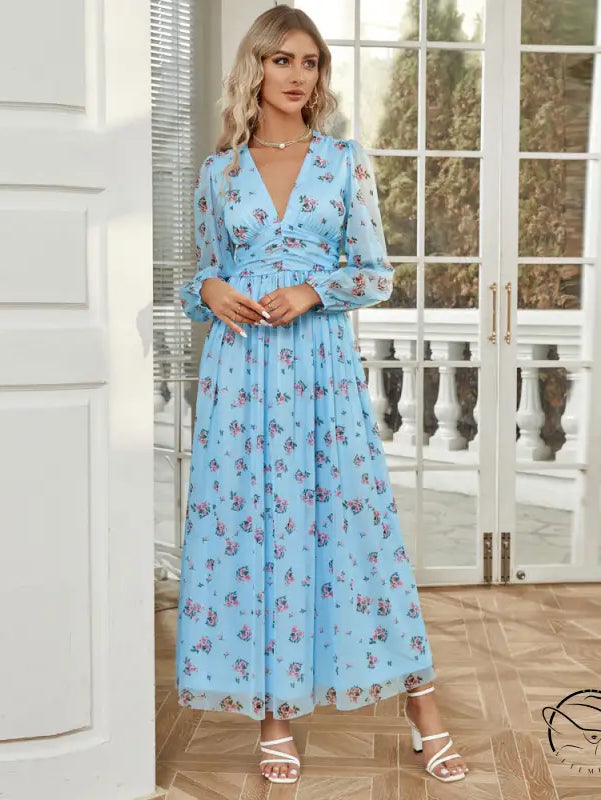 Elegant high waist v neck light blue floral maxi dress in langry fashion ملابس