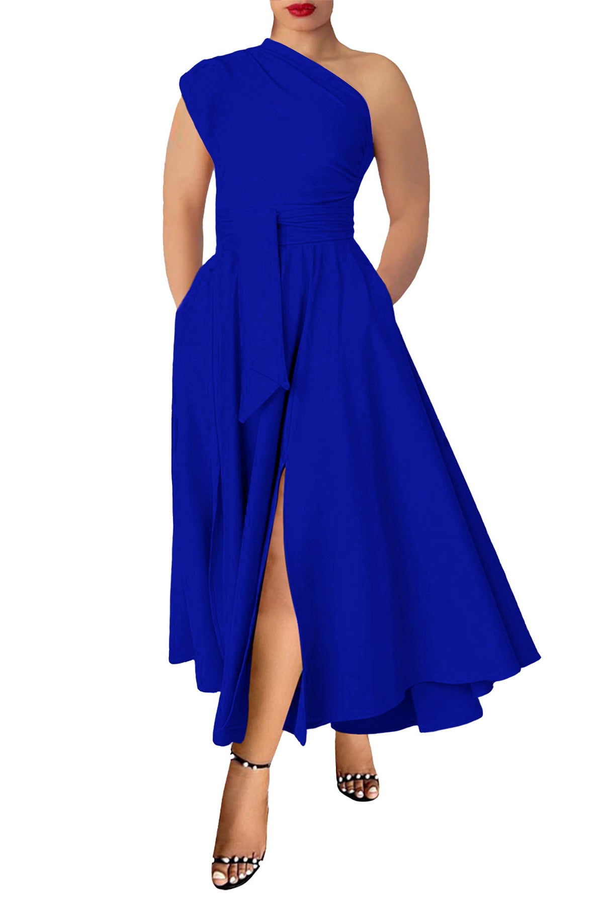 Royal blue one-shoulder waist tight swing maxi dress with slit and pockets