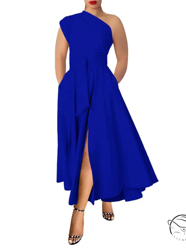 Royal blue waist tight swing maxi dress with one-shoulder slit
