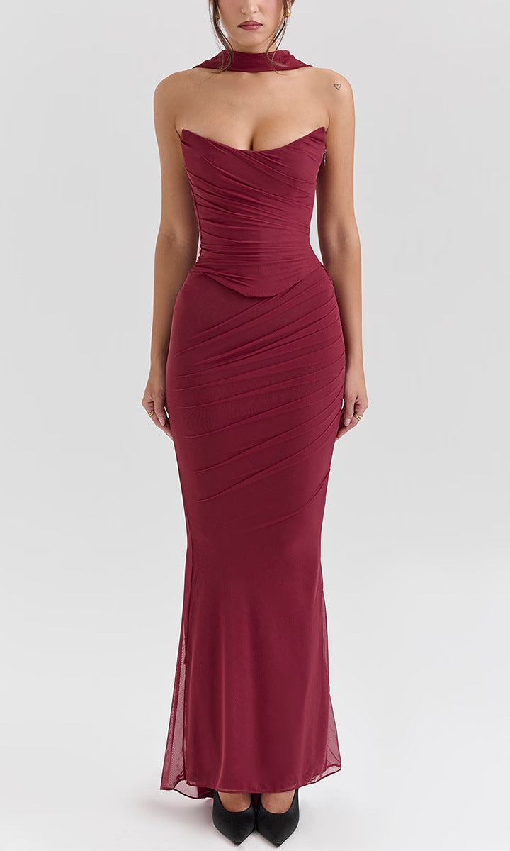 Elegant burgundy strapless gown from High Grade Skinny Sheath Skirt Set, perfect for fashion enthusiasts and ملابس lovers