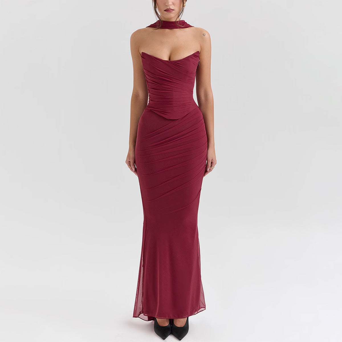 Elegant burgundy strapless gown from High Grade Skinny Sheath Skirt Set, perfect for fashion enthusiasts and ملابس lovers