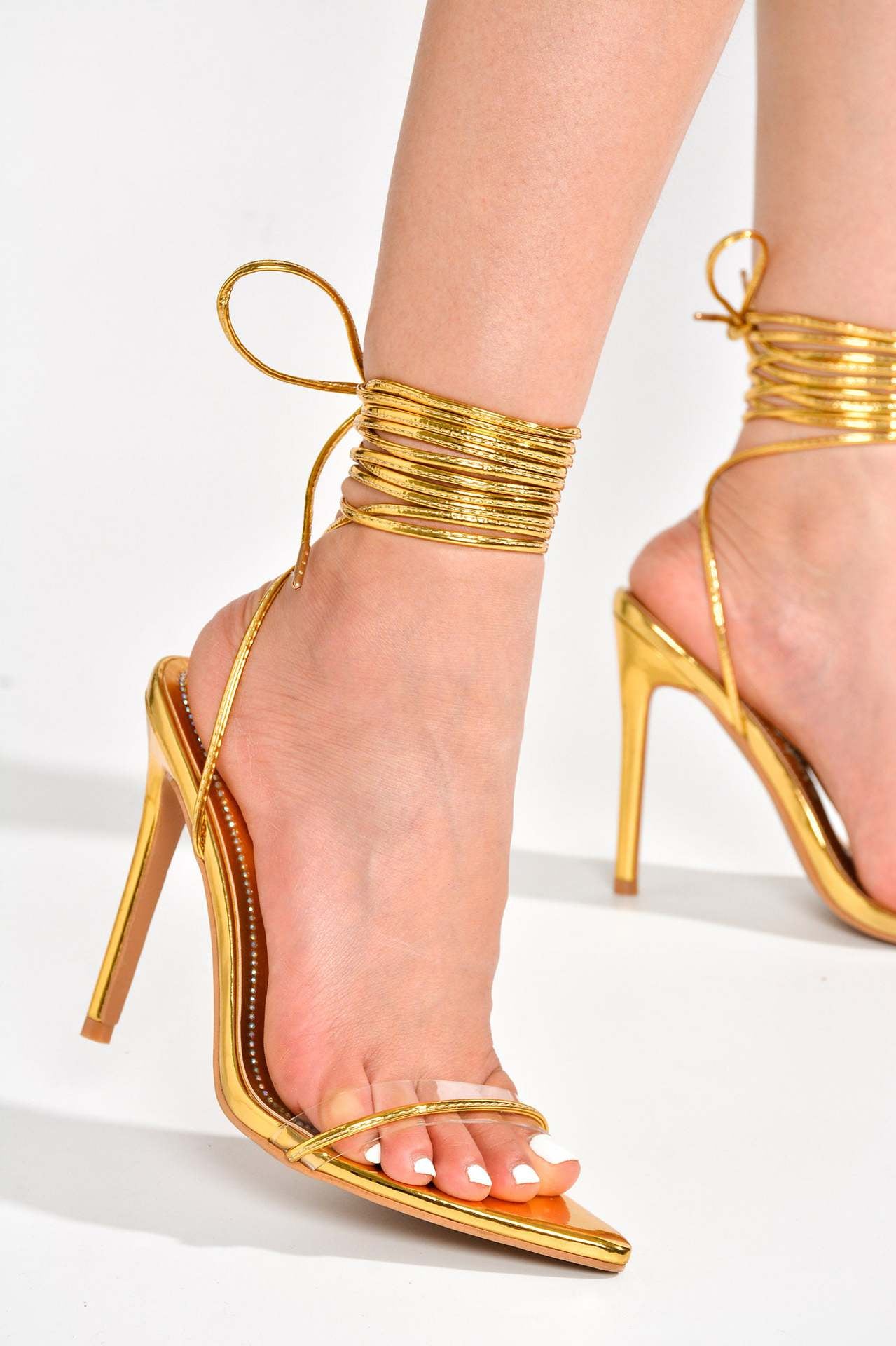Gold strappy stiletto heels with ankle ties for stylish fashion and ملابس_LOOKS