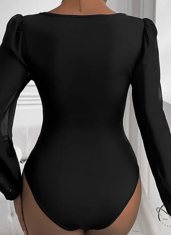 Women Clothing Black Mesh Stitching v Neck Jumpsuit