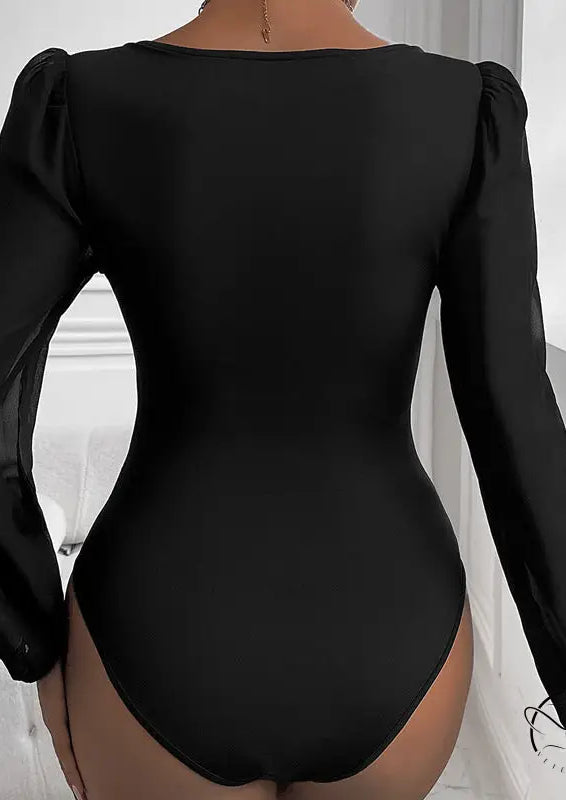 Women Clothing Black Mesh Stitching v Neck Jumpsuit