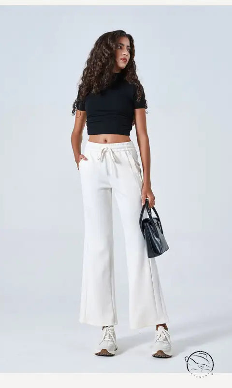 White summer air layer drawstring pants with black crop top
