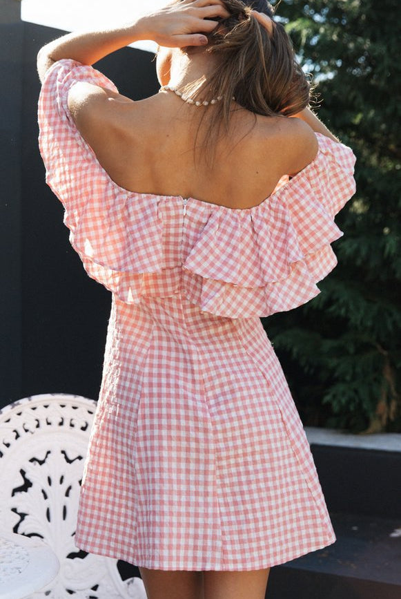 Elegant Plaid Off-shoulder Ruffled Collar Dress