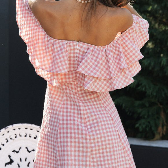 Elegant Plaid Off-shoulder Ruffled Collar Dress