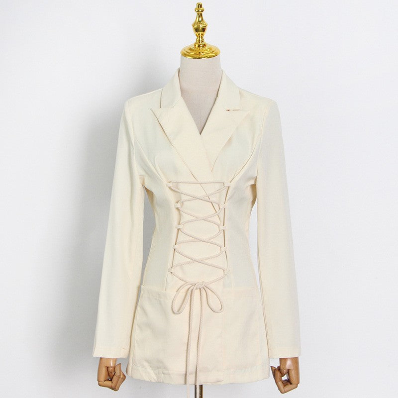 Cream-colored blazer dress with corset lacing from Korean Office Blazer Coat, perfect for fashionable ملابس and langry fashion styles