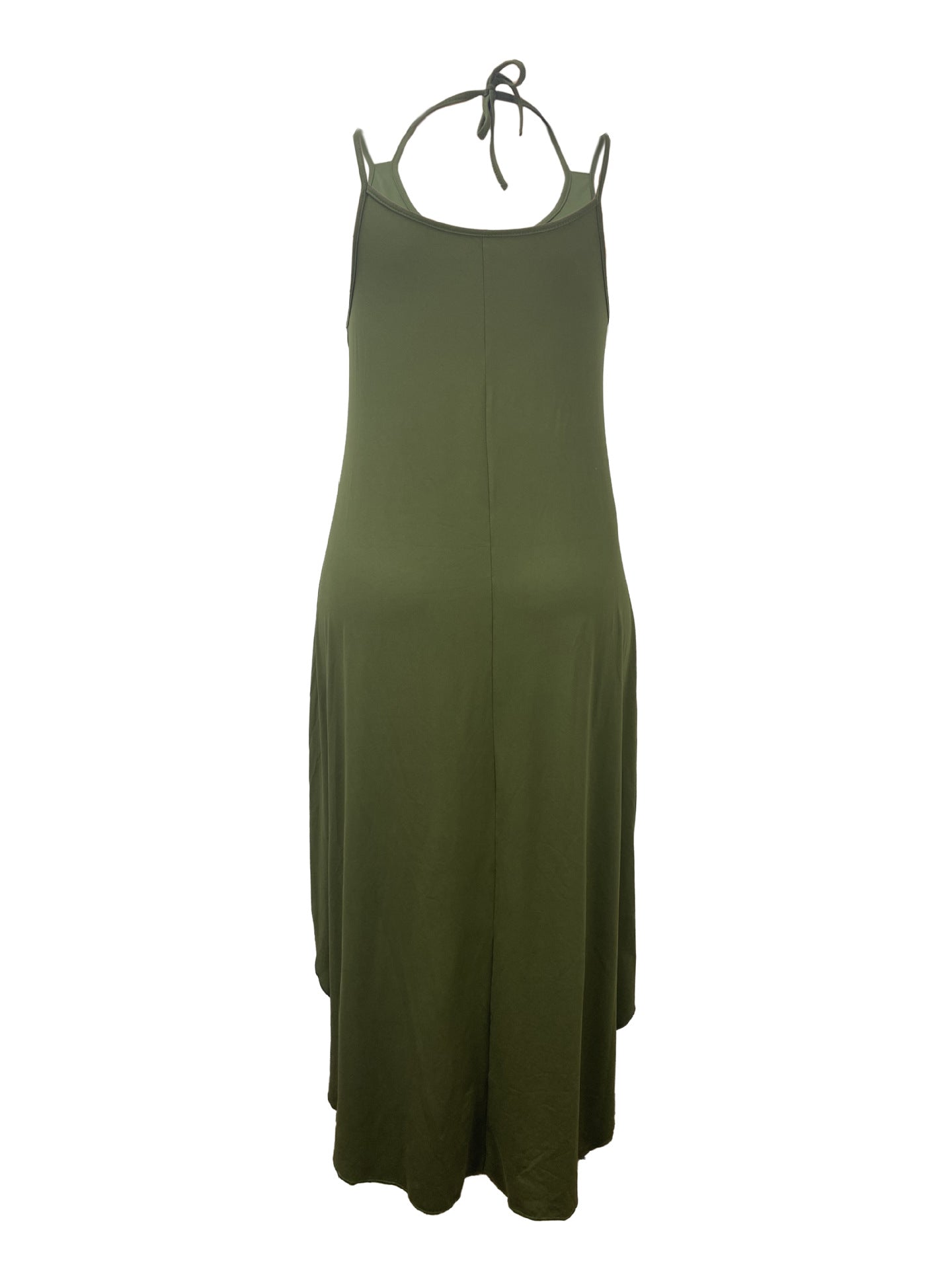 Dark olive green vacation casual halter maxi dress with spaghetti straps