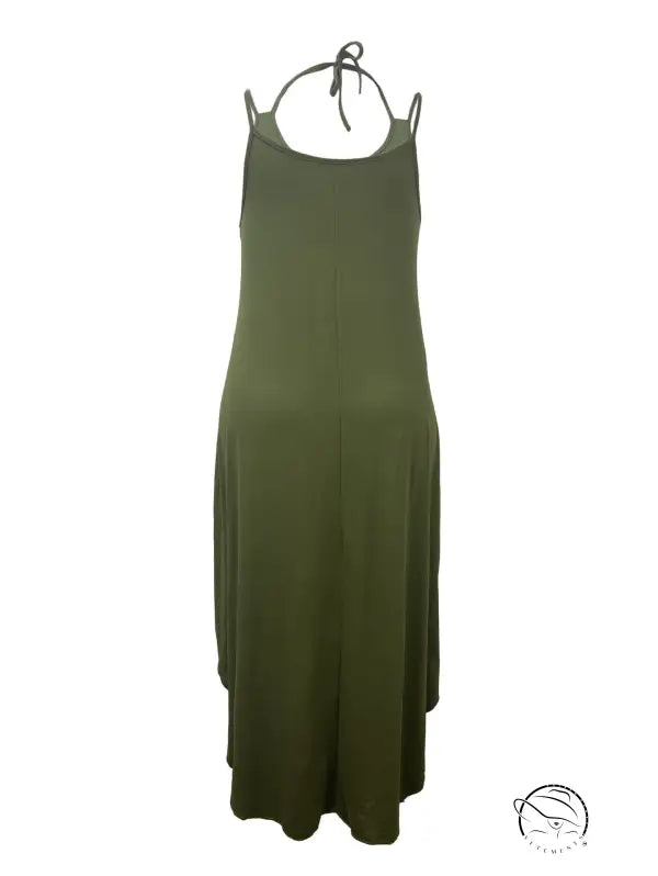 Vacation casual halter spaghetti straps dress in dark olive green