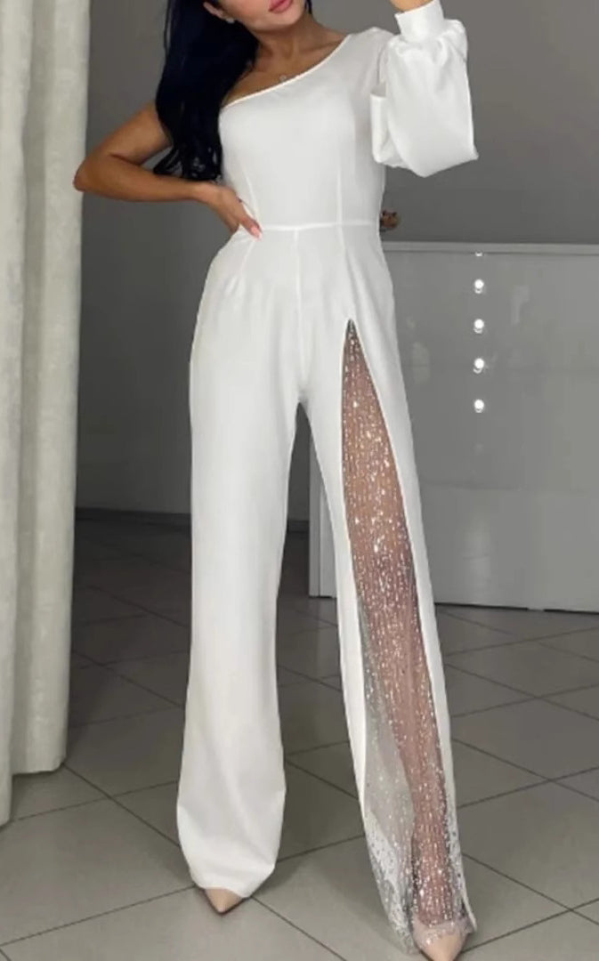 Elegant white one-shoulder jumpsuit with sparkly slit ideal for fashion and ملابس trends